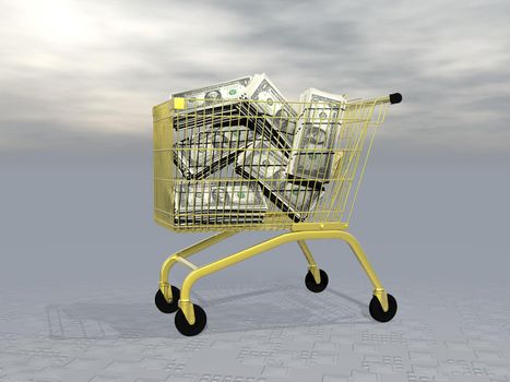 Lots of dollars into golden shopping cart in grey background