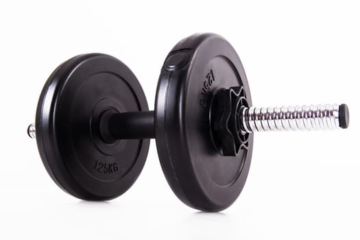 Single black gym barbell, dumbbell, isolated on white background.