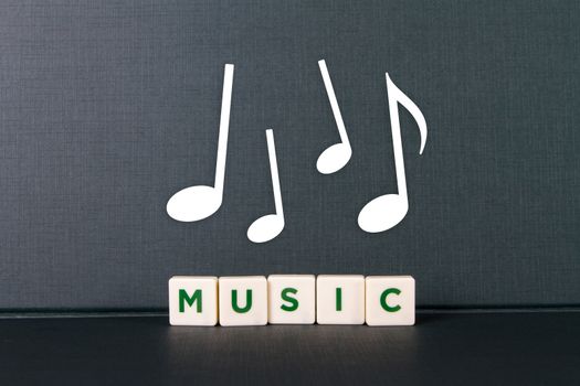 Music word in letters and notes of rhythm.