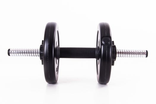 Front view of single black gym barbell, dumbbell, isolated on white background.