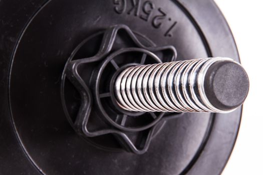 Black gym barbell, dumbbell with disks, isolated on white background.