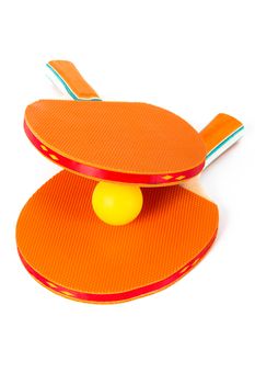 Two rackets for playing table tennis, isolated on white background.