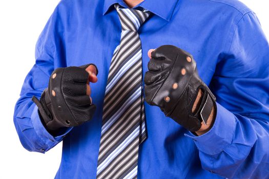 Businessman in sport gloves on white background.
