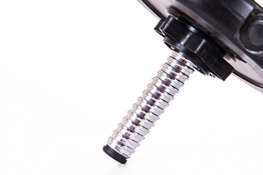 Black gym barbell, dumbbell with disks, isolated on white background.