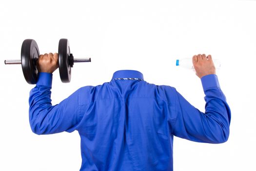 Businessman raising dumbbell and plastic water bottle, isolated on white background.