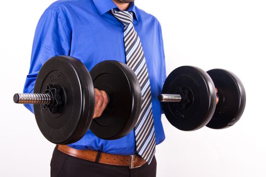 Strong businessman raising black dumbbells, isolated on white background.