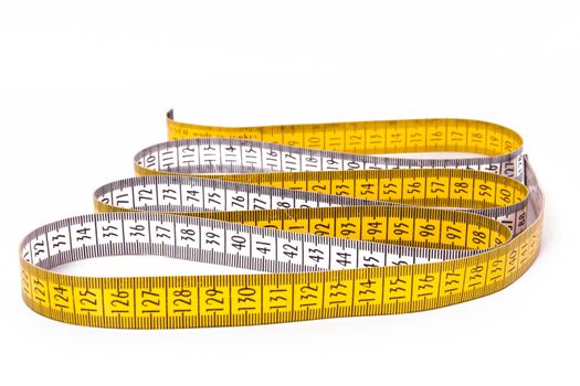 Yellow measure tape, isolated on white background.