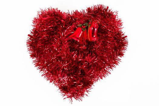 Christmas ornament and bells, heart shaped, isolated on white background.