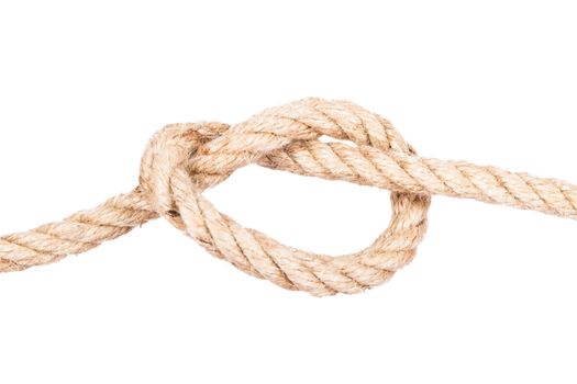 Close up shot of rope with knot, isolated on white background.