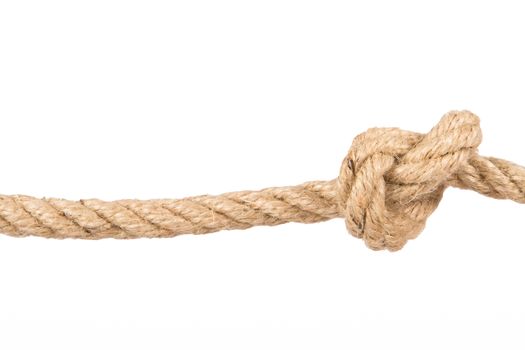 Close up shot of rope with knot, isolated on white background.