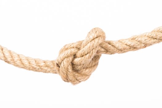 Close up shot of rope with knot, isolated on white background.