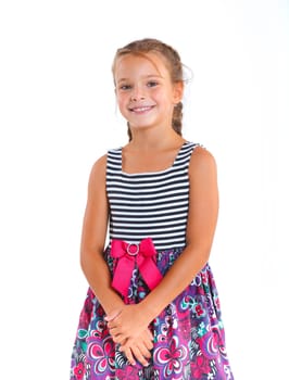 Portrait of beautiful little girl happy smiling on studio. Isolated white background