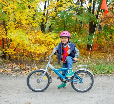 Cute little boy on bicycle in the autumn park.