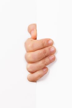 Woman hand holding and showing white, empty poster, paper sign for your message, isolated on white background.