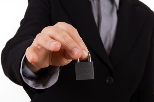 Business woman gives lock, isolated on white