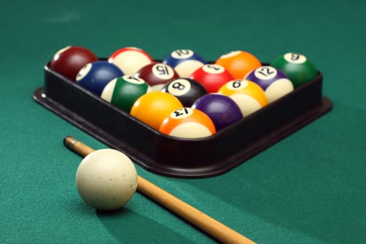 Billiard balls on the pool table to start playing 