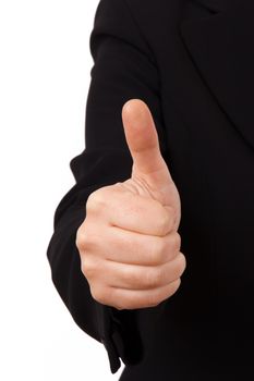 Business woman in dark suit with hand thumb up sign, isolated on white background.