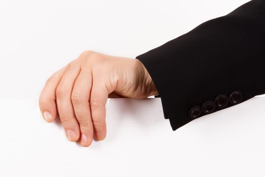 Business woman hand holding and showing white, empty poster, paper sign for your message, isolated on white background.
