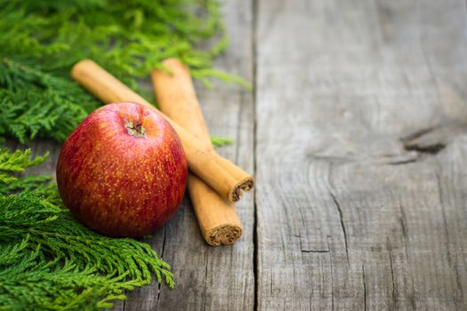 A Red Apple with cinnamon sticks on wood background. 