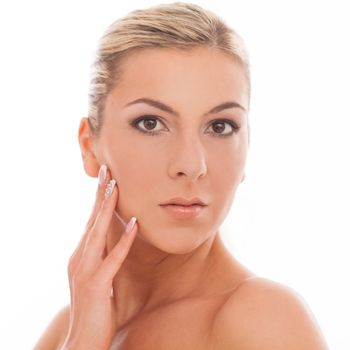 Closeup portrait of beautiful caucasian woman with day makeup