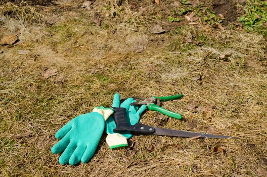 protective rubber gloves and hand saw and clippers scissors for tree twig cut trim tools lay on ground.