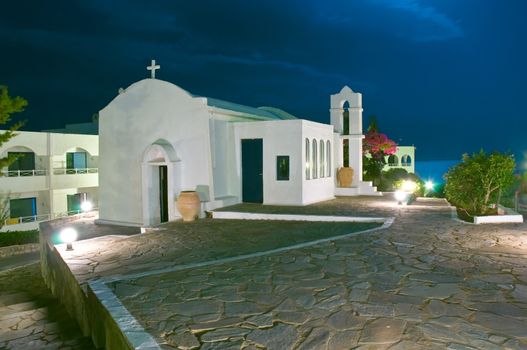 Greek chapel in night light.