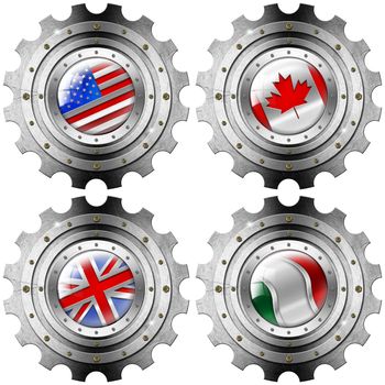 Four metal gears with the flags of: USA, UK, Canada and Italy