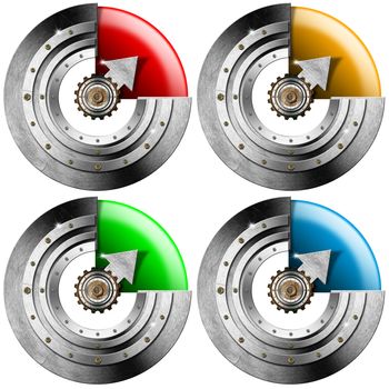 Four metal indicators of the sector, red, yellow, green and blue with arrows
