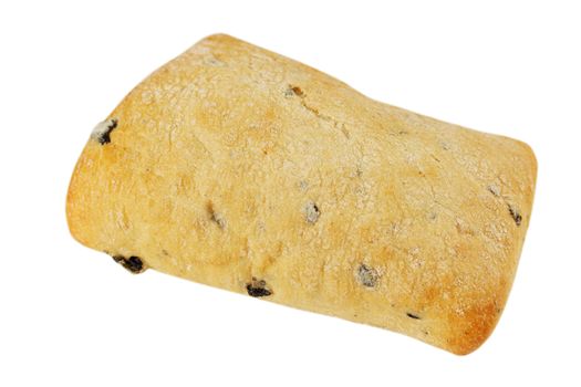 Ruddy ciabatta with olives on a white background