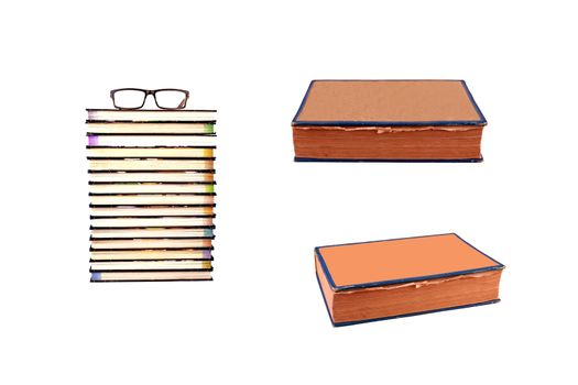 Optical glasses on stacked books on white background