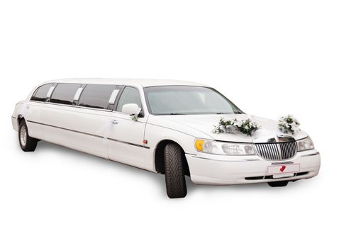 White wedding limousine decorated with bouquets, isolated