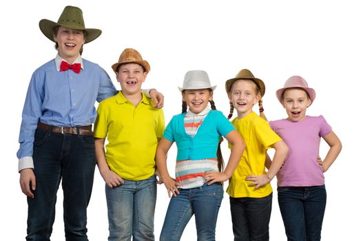 children in a row, wearing a hat. isolated on white background