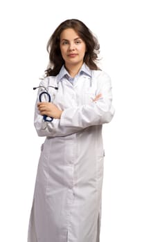 woman doctor, crossed her arms and smiles, isolated on white background