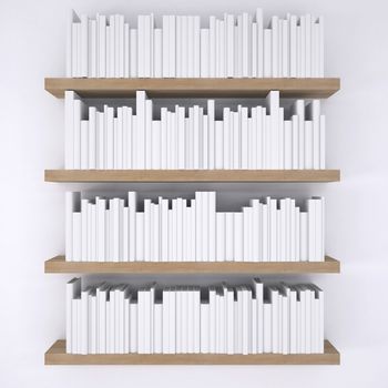 Wooden shelfs with books on white wall background. 3d render