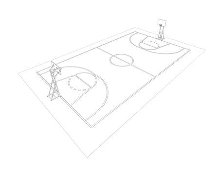 Basketball court. Wire frame. 3d render isolated on a black background