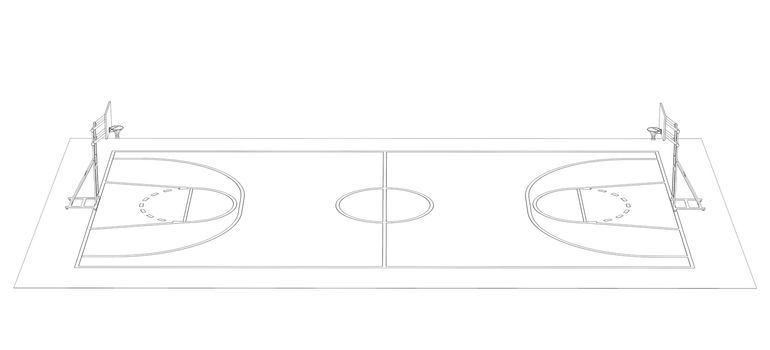 Basketball court. Wire frame. 3d render isolated on a black background