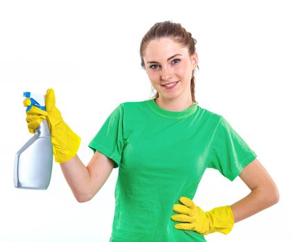 Maid woman is ready for cleaning. Isolated white background