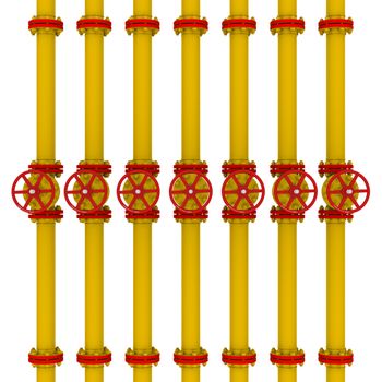 Yellow pipes and valves. Isolated render on a white background