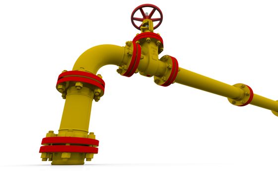 Yellow pipe and valve. Isolated render on a white background