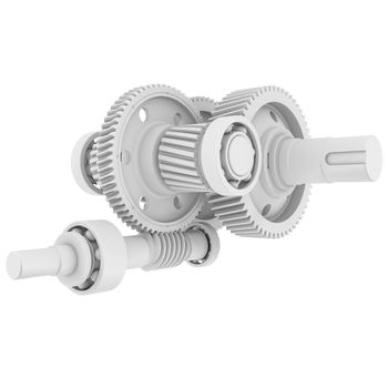 White shafts, gears and bearings. 3d render isolated on white background