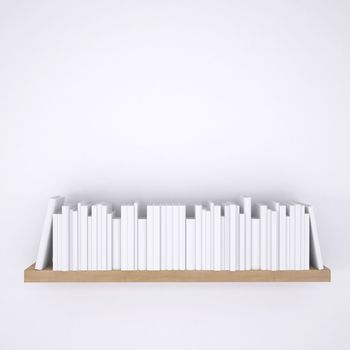 Wooden shelf with books on white wall background. 3d render