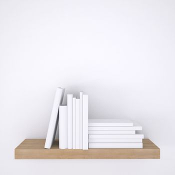 Wooden shelf with books on white wall background. 3d render