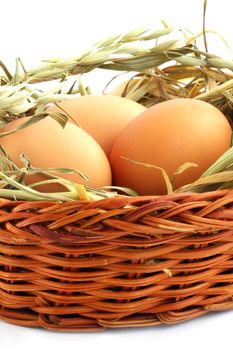 Three eggs in basket with the hay against the white background