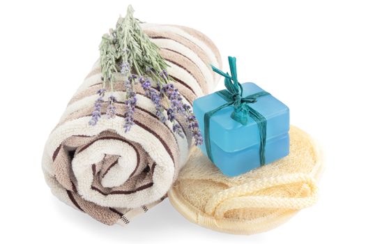 Bath equipment: soap, washcloth, towel and lavender