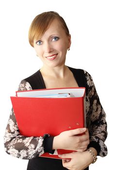 Young smiling woman holds the red folder