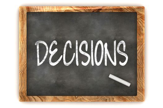A Colourful 3d Rendered Concept Illustration showing "DECISIONS" writen on a Blackboard with white chalk
