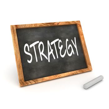 A Colourful 3d Rendered Concept Illustration showing "Strategy" writen on a Blackboard with white chalk