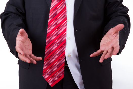 Grumpy looking businessman, isolated on white background.