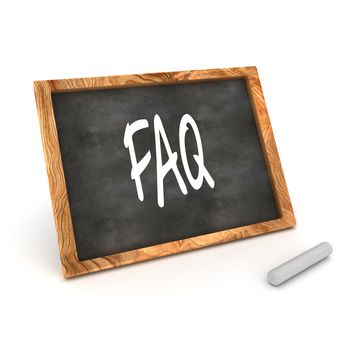 A Colourful 3d Rendered Concept Illustration showing "FAQ" writen on a Blackboard with white chalk