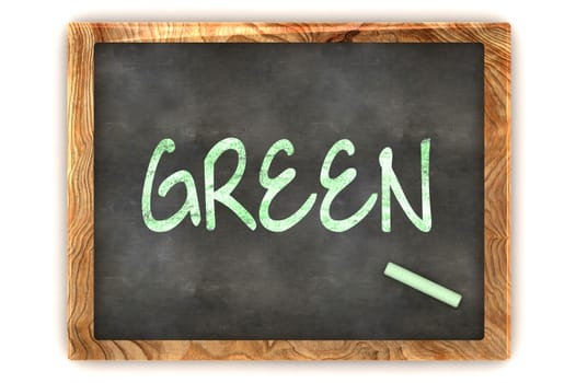 A Colourful 3d Rendered Concept Illustration showing "GREEN" writen on a Blackboard with white chalk